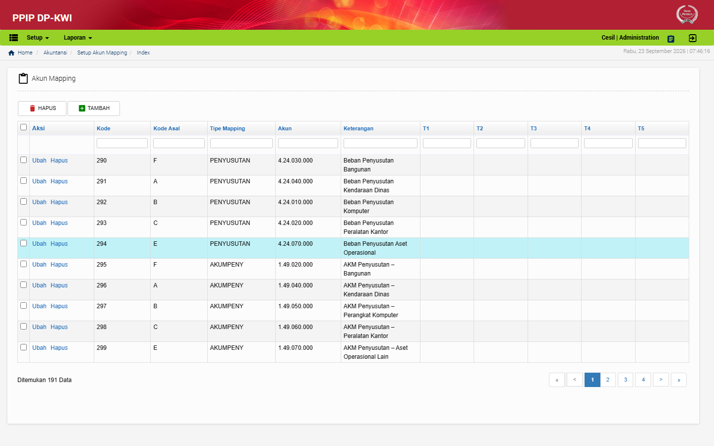 Tampilan menu Setup Akun Mapping di aplikasi