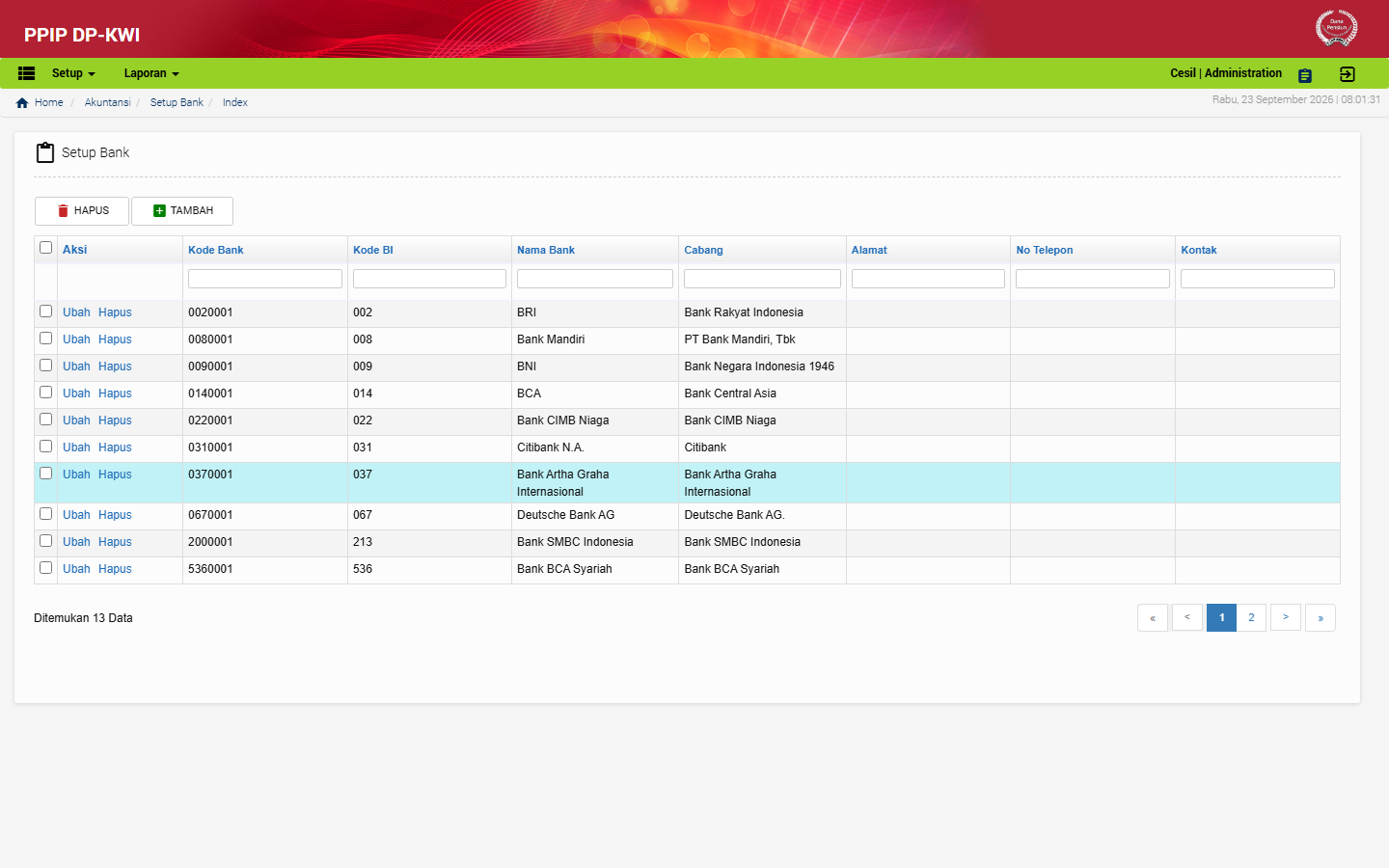 Tampilan menu Setup Bank di aplikasi