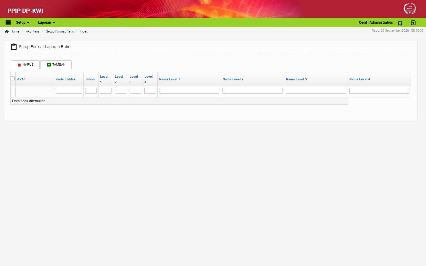 Tampilan menu Setup Format Ratio di aplikasi