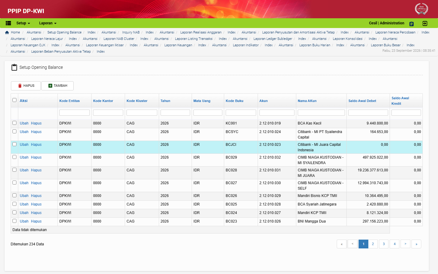Tampilan menu Setup Opening Balance di aplikasi