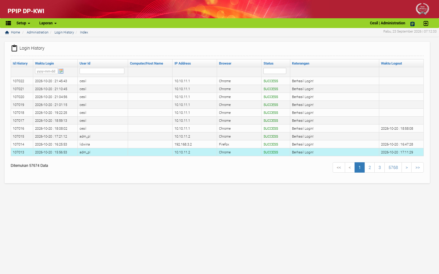 Tampilan menu Login History di aplikasi