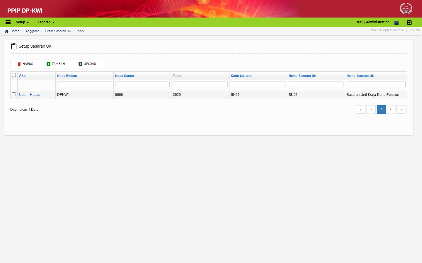 Tampilan menu Setup Sasaran UK di aplikasi