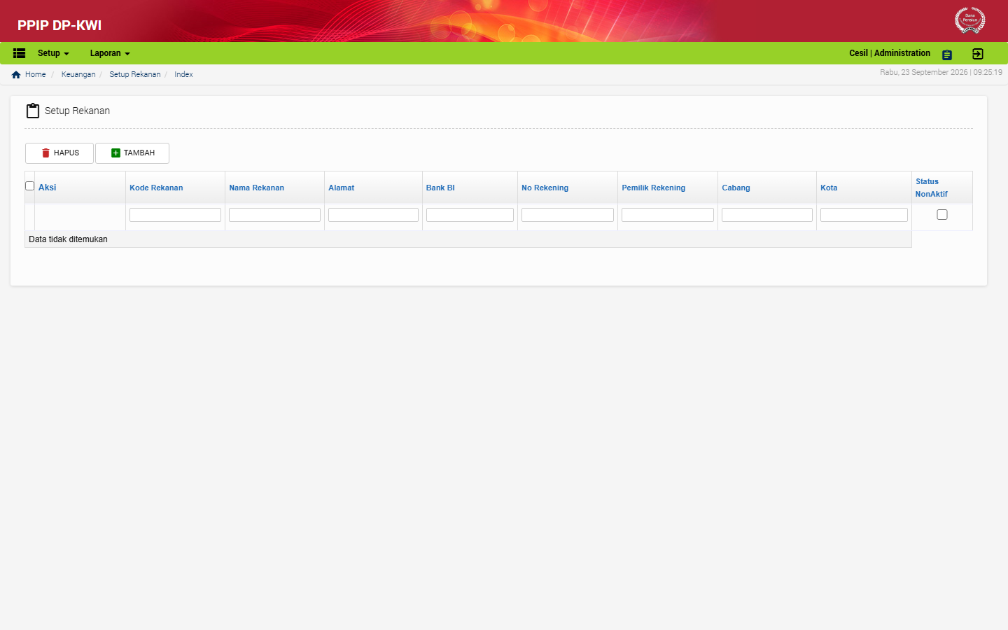 Tampilan menu Setup Rekanan di aplikasi