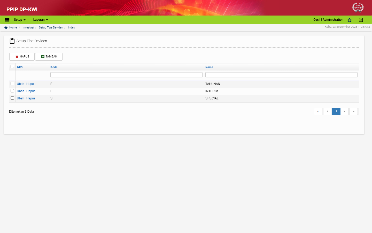 Tampilan menu Setup Tipe Deviden di aplikasi
