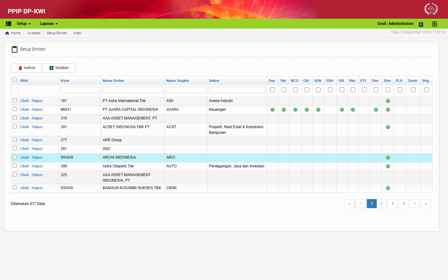 Tampilan menu Setup Emiten di aplikasi