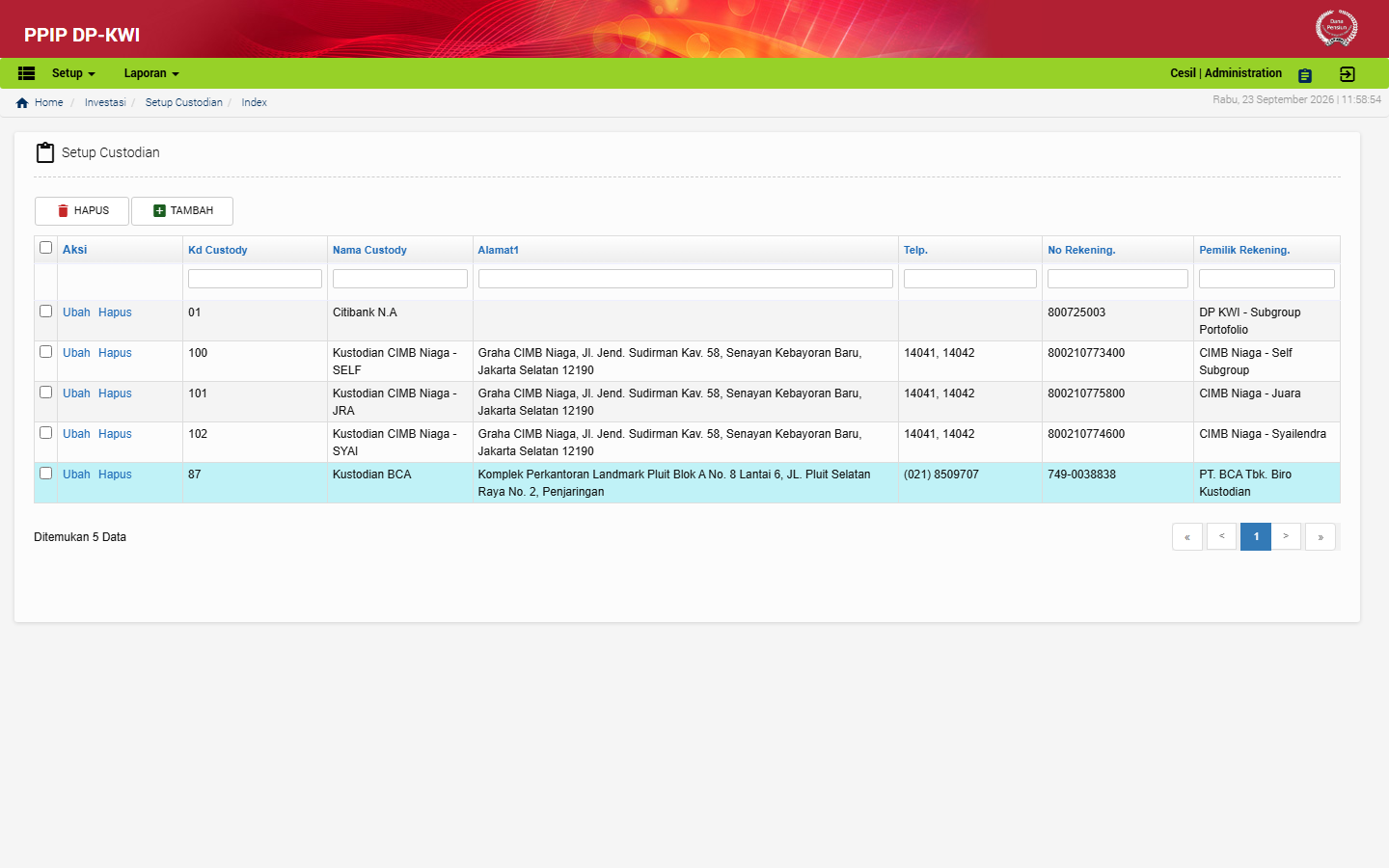Tampilan menu Setup Custodian di aplikasi