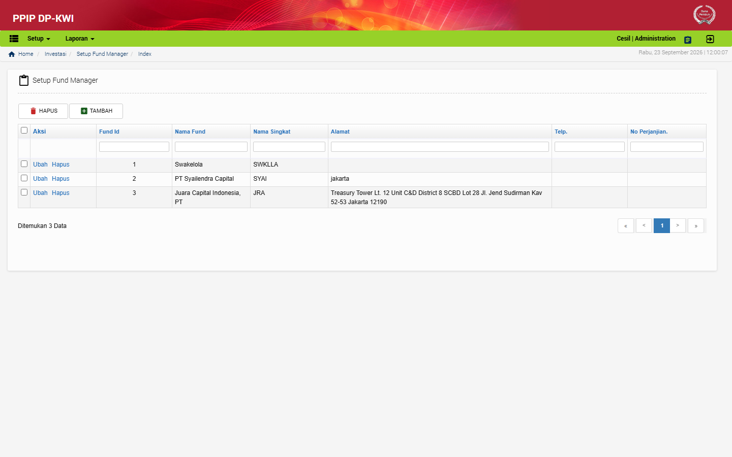 Tampilan menu Setup Fund Manager di aplikasi