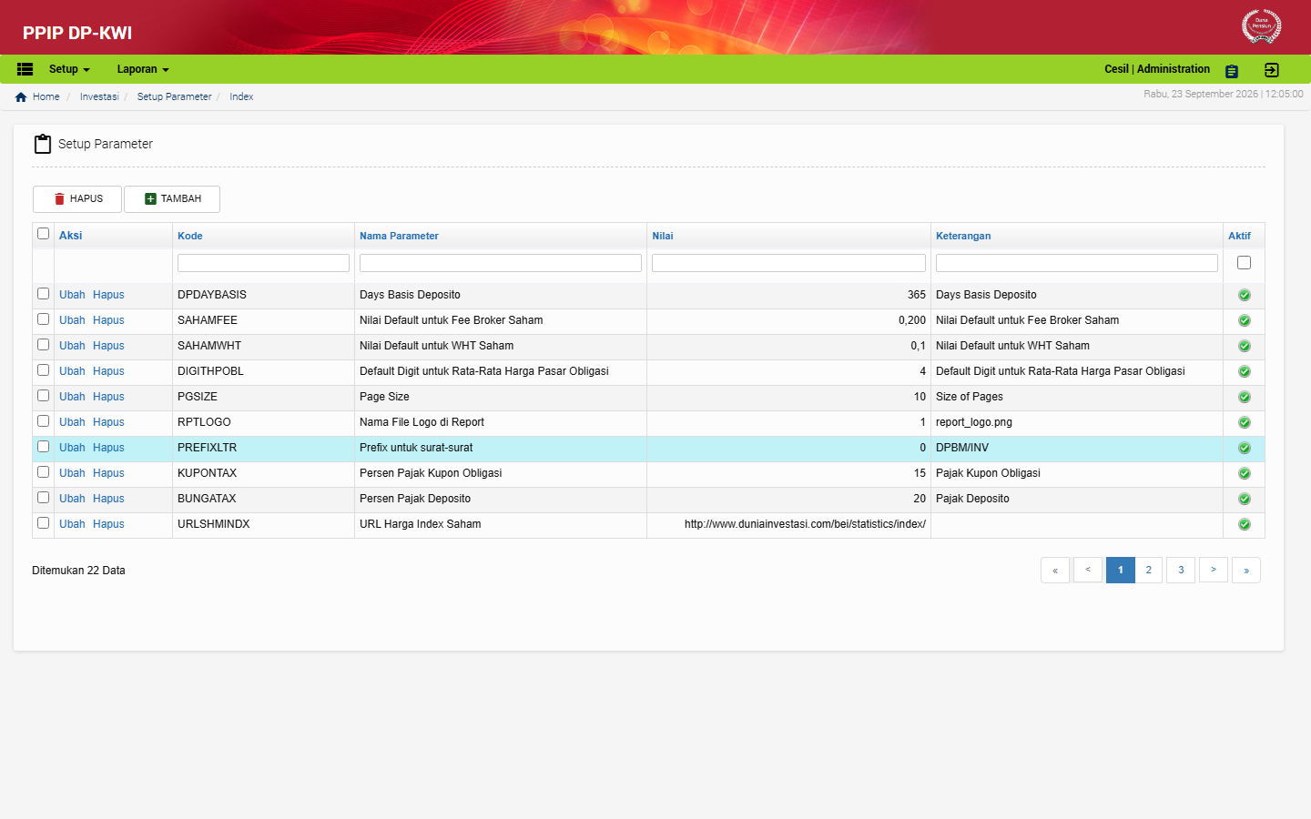 Tampilan menu Setup Parameter di aplikasi