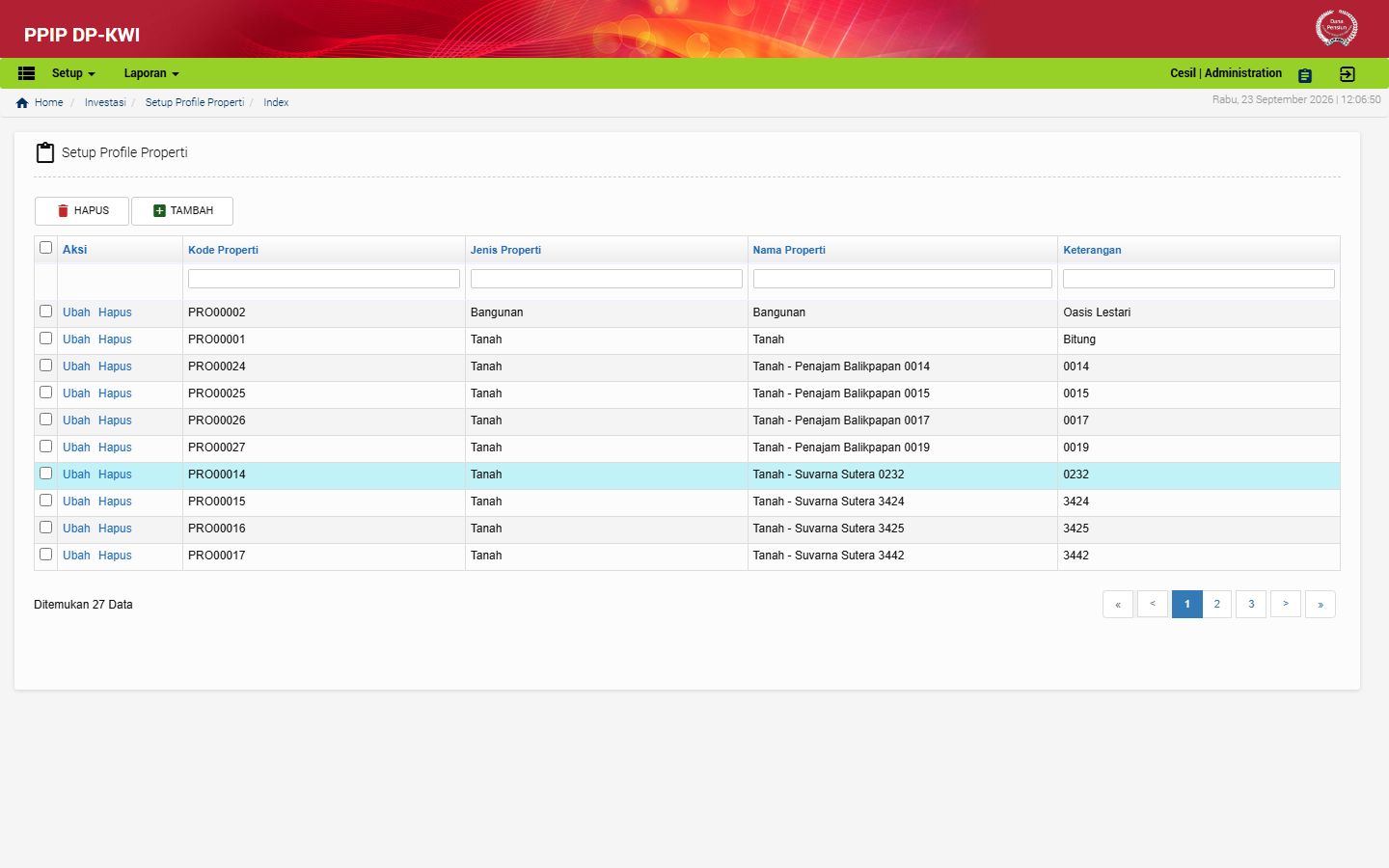 Tampilan menu Setup Profile Properti di aplikasi