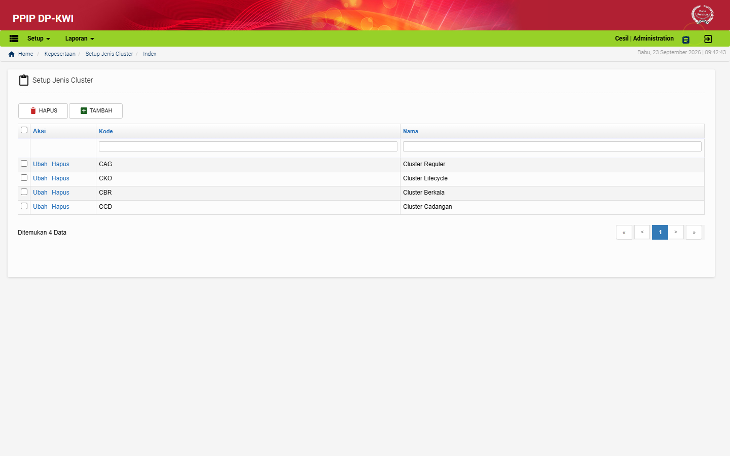 Tampilan menu Setup Jenis Cluster di aplikasi